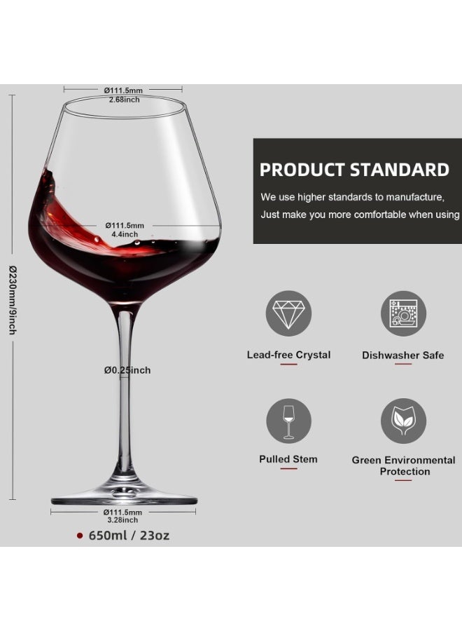 دبي كريستال طقم كؤوس نبيذ أحمر مكون من 4 قطع، كؤوس نبيذ بورغندي مصنوعة يدوياً من الكريستال الإيطالي، زجاج شفاف فاخر خالٍ من الرصاص [23 أونصة/650 مل] - Image 2